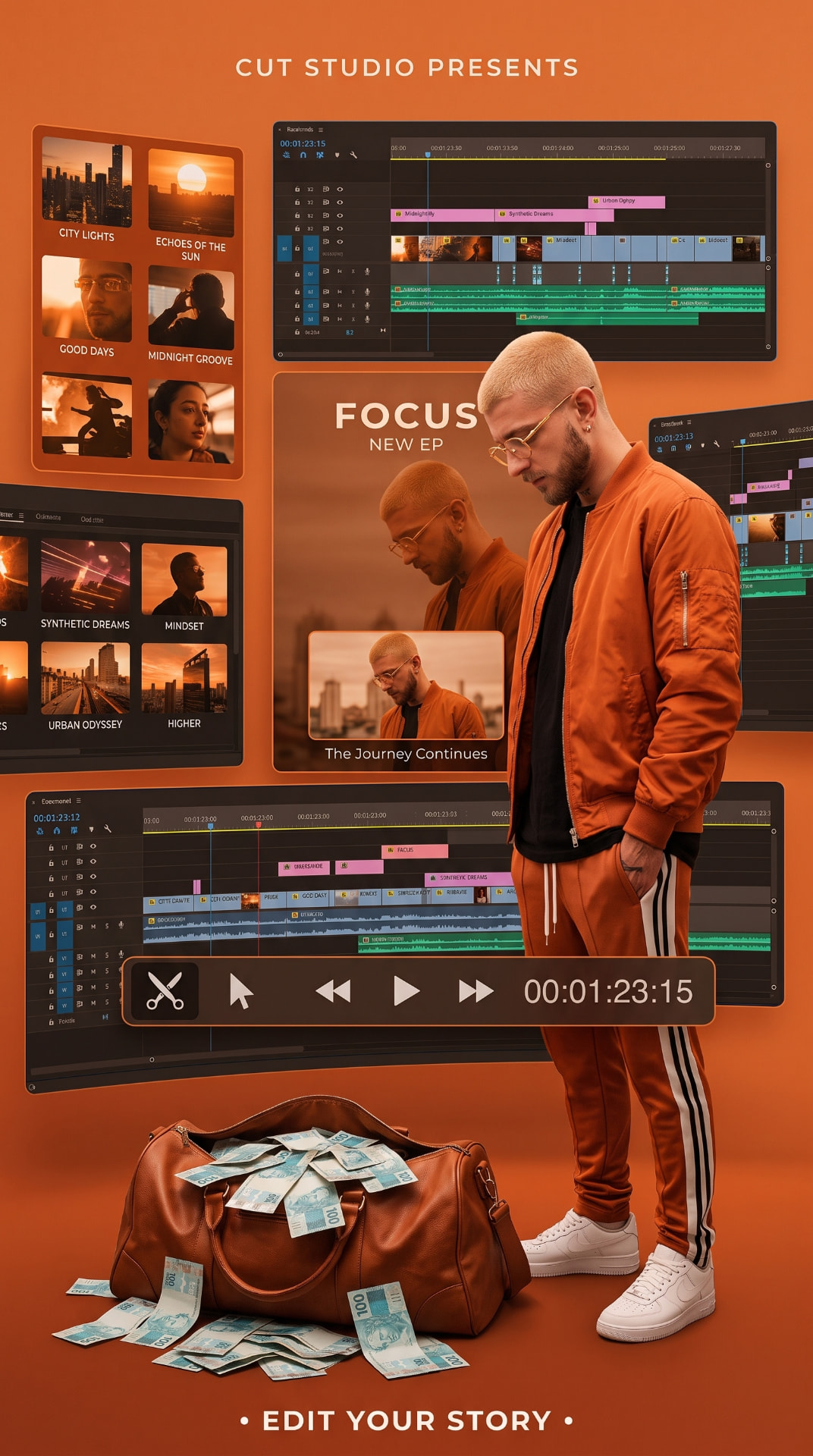 Editor cercado por timelines complexas de edição de vídeo